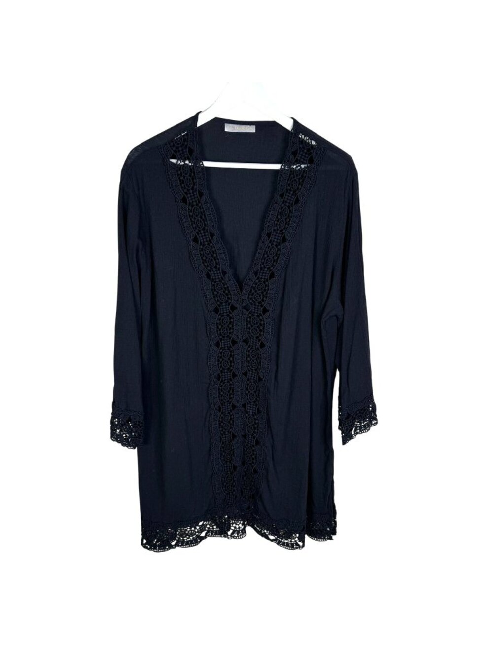 La Blanca Black Gauze Long-Sleeve Swimsuit Coverup, Crochet Accents, Size XL